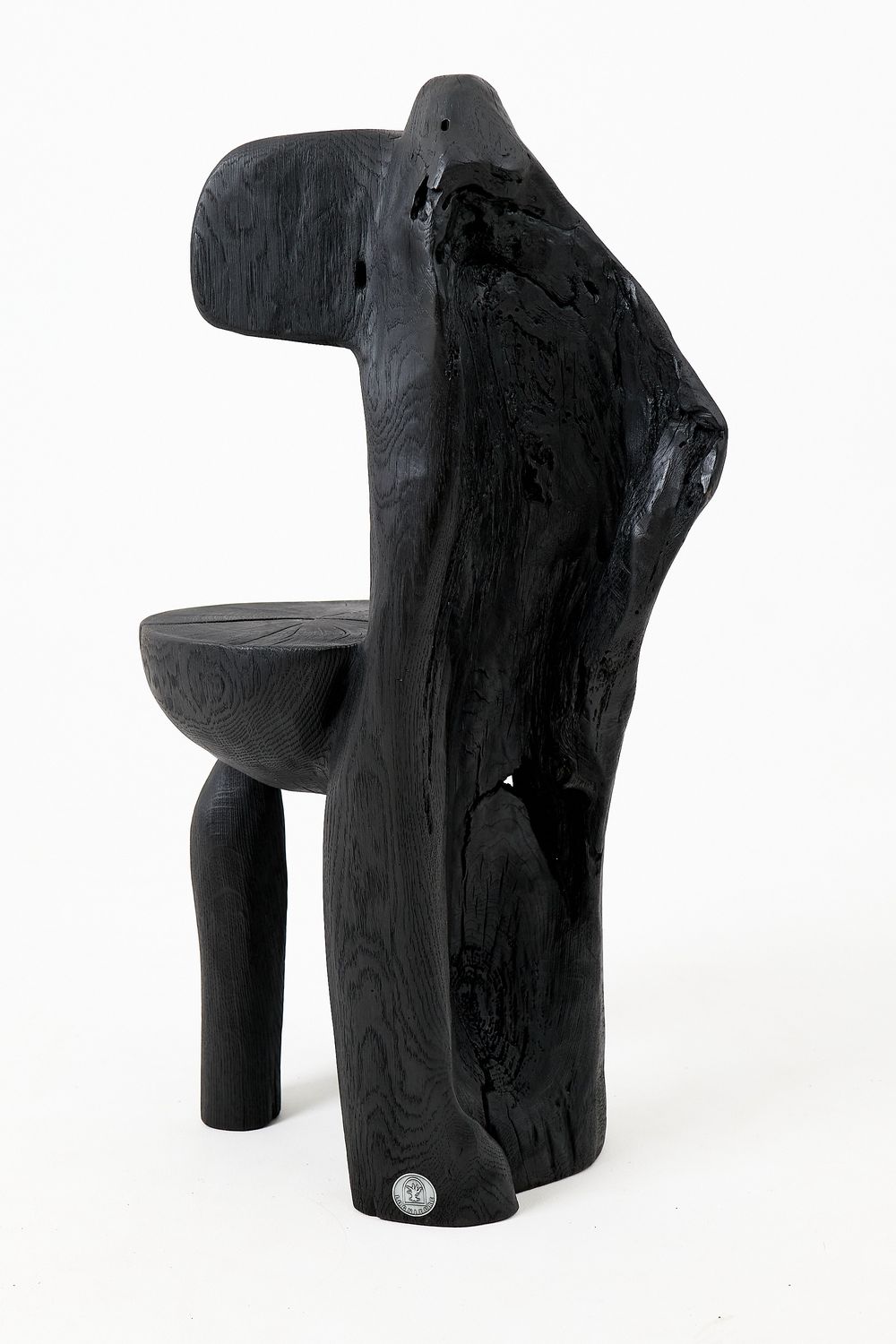 Brutalist Sculptural Chair, Carved, Solid Wood, Oak, Black, Rustic