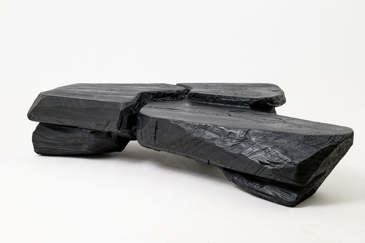 Sculptural Coffee Table, Rustic, Burnt Black Wood, Carved, Handmade