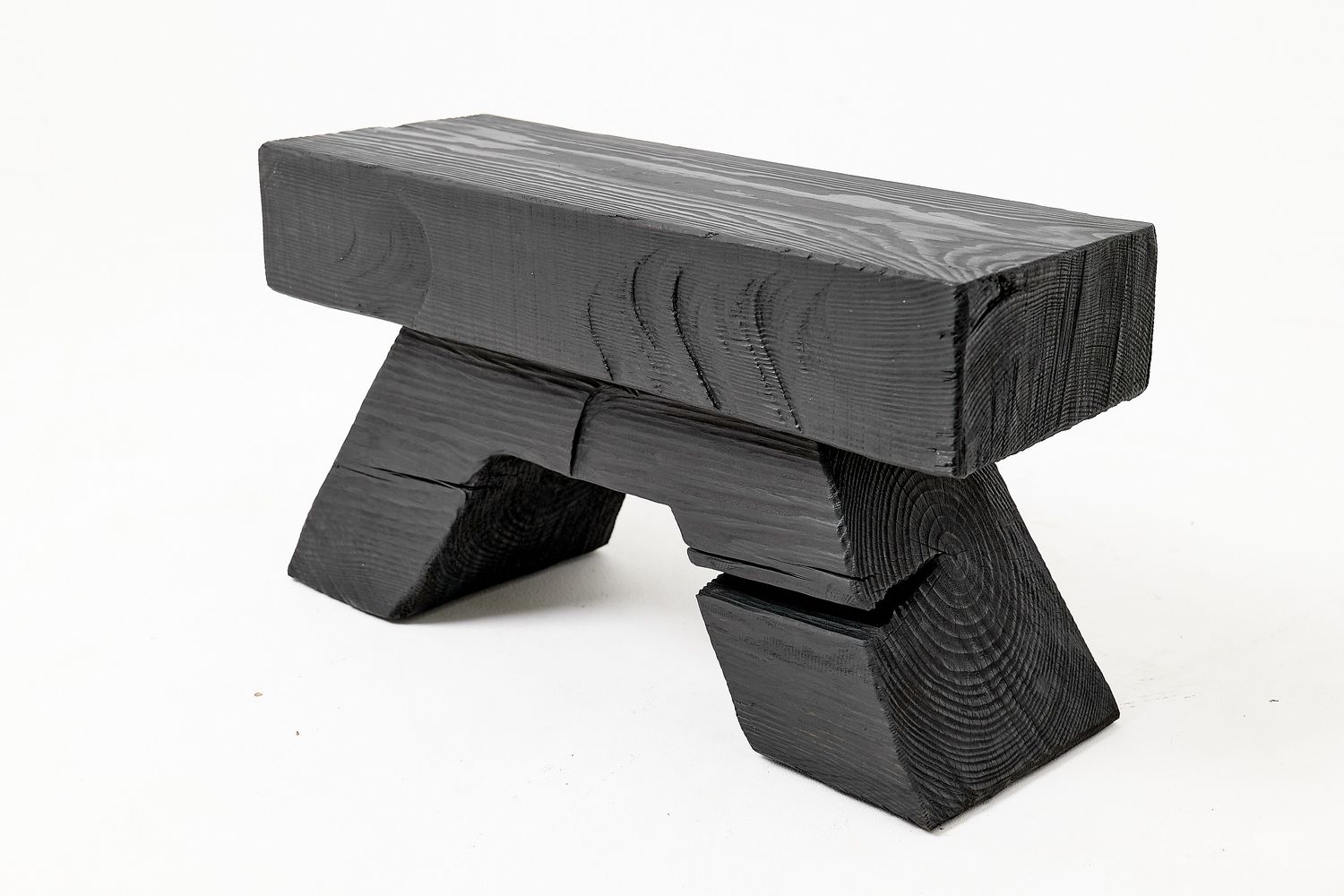 Sculptural Hardwood Stool, Side Table, Charred Wood, Hand-Carved, Logniture