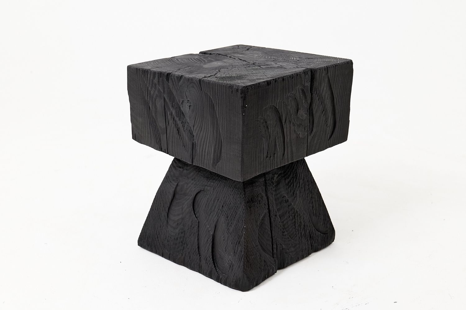 Sculptural Hardwood Side Table, Stool, Charred Wood, Hand-Carved