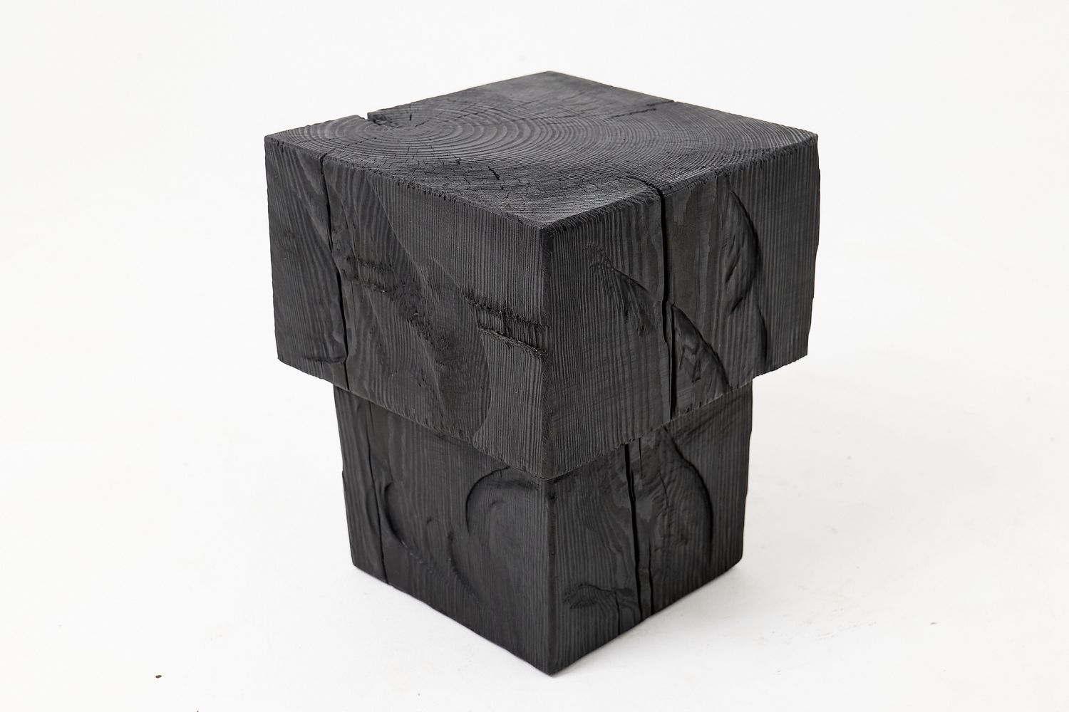 Sculptural Hardwood Side Table, Stool, Charred Wood, Hand-Carved Sculptural Hardwood Side Table, Stool, Charred Wood, Hand-Carved