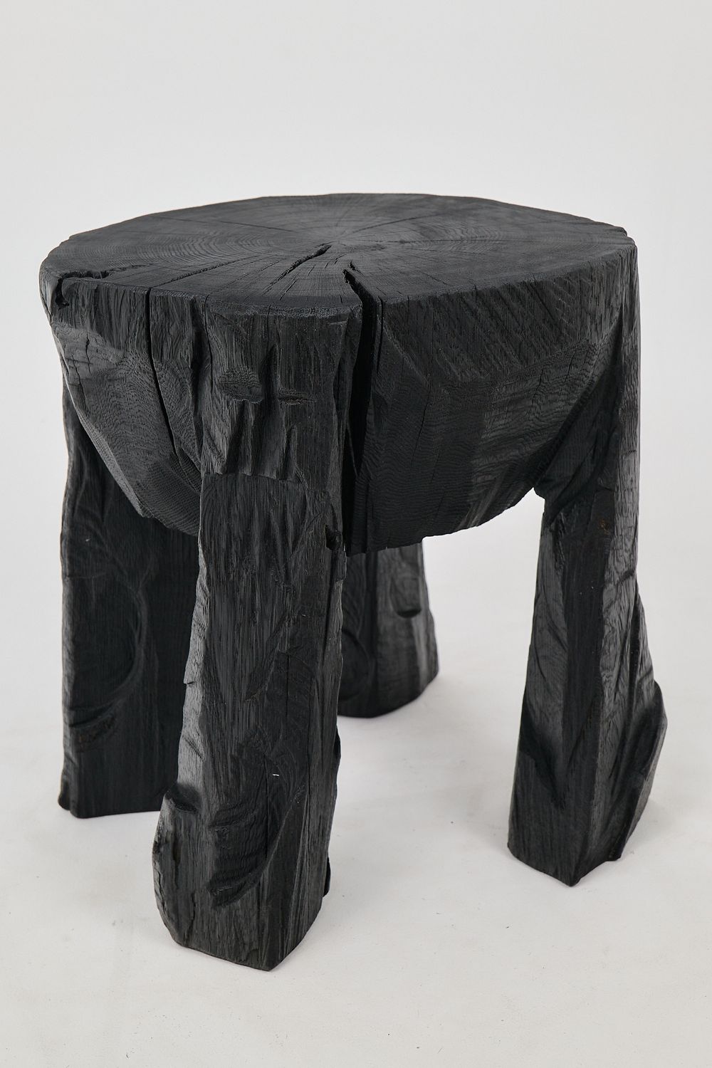 Sculptural Side Table, Rustic, Burnt Black Wood, Carved, Handmade, Logniture