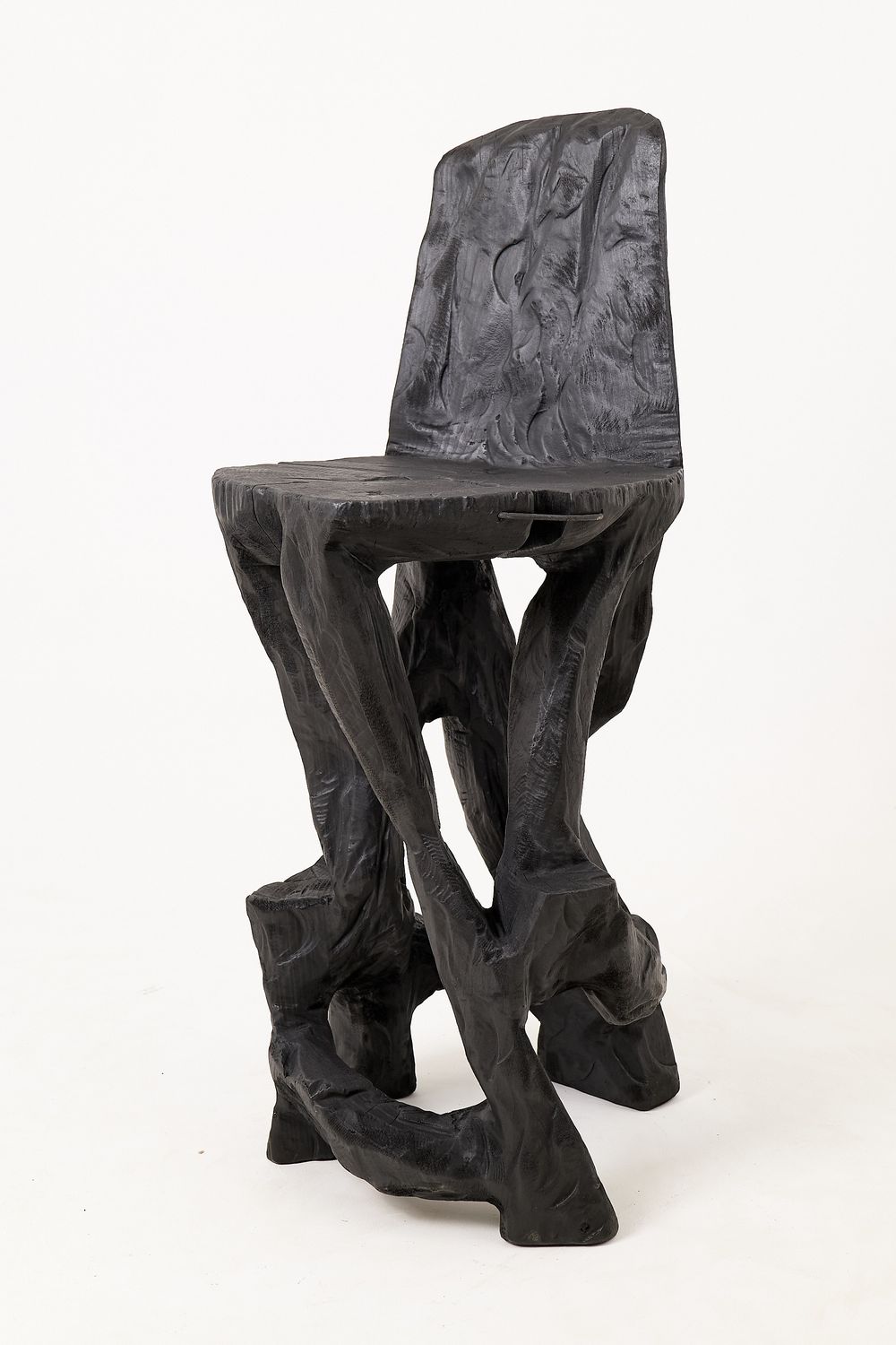 Sculptural Bar Chair, High Stool, Solid Wood, Carved, Black, Rustic, Logniture