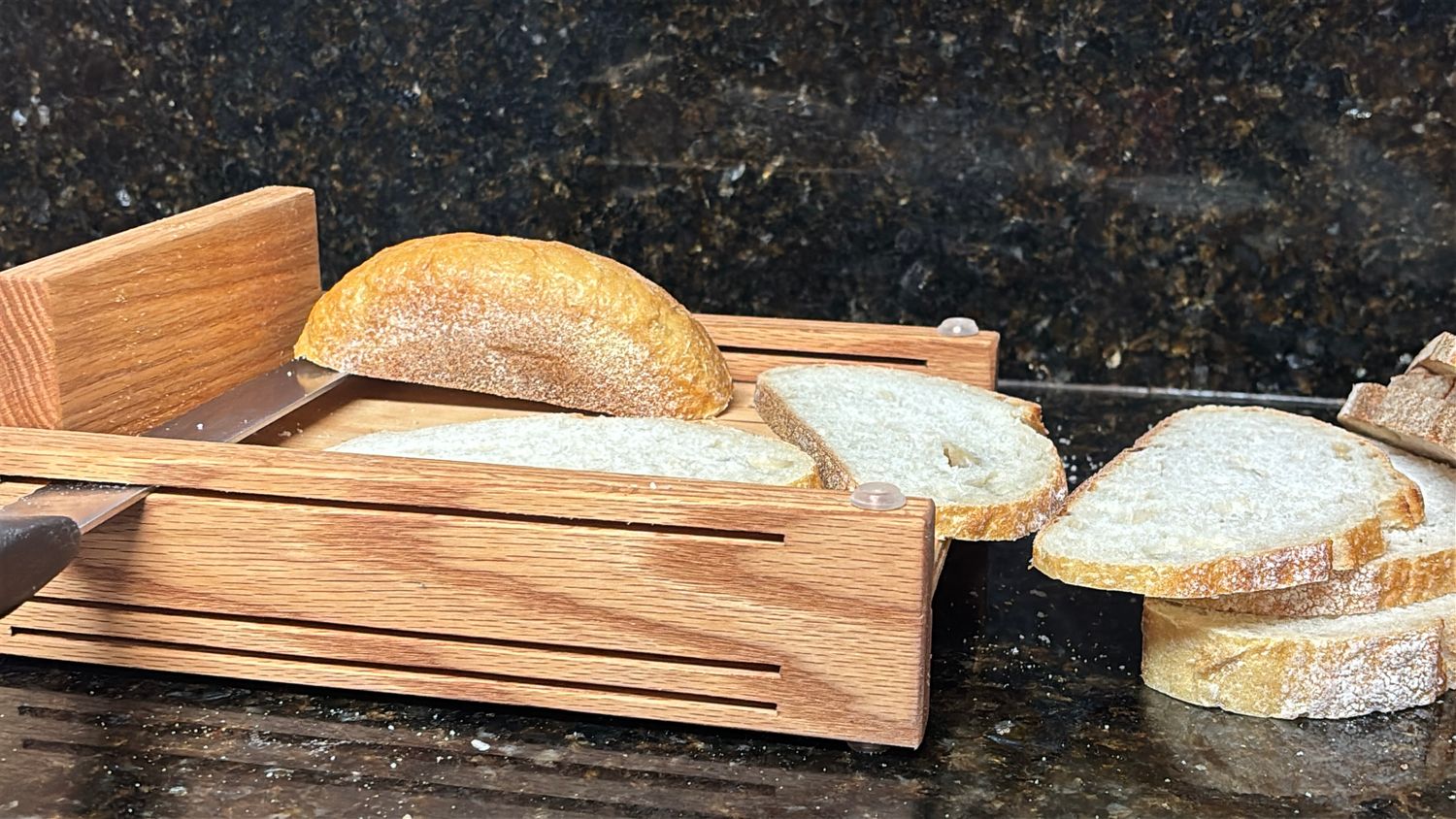 Bread Slicing Guide Horizontal Three-Cut Slice Thickness 3/8, 1/2-, 3/4-inch Maximum Loaf Width or height 7-inches Handcrafted by Mystery Lathe Lincolnton Ga