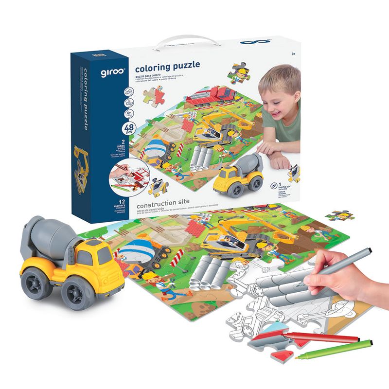 Puzzle Colorir 2 Faces + Carro 48 Pcs Contruções Play Giros