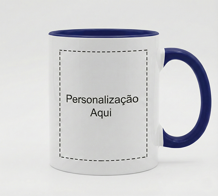 Caneca Branca/Azul Personalizada - 330ml, Posição de Personalização: Frente (Asa à direita)