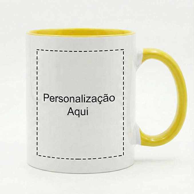 Caneca Branca/Amarelo Personalizada - 330ml, Posição de Personalização: Frente (Asa à direita)