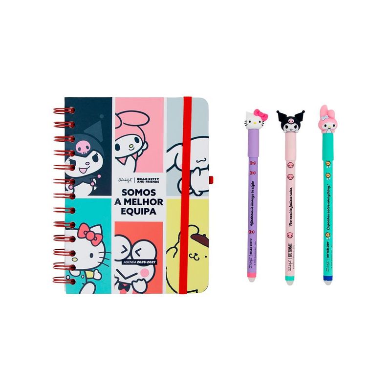 Agenda Mr. Wonderful 26-27 Semanal Pequena Hello Kitty &amp; Friends x Mr. Wonderful + 3 Esferográficas Apagáveis Bo-Bo - Somos a melhor equipa