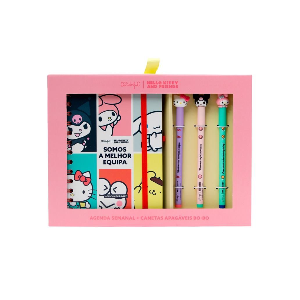 Agenda Mr. Wonderful 26-27 Semanal Pequena Hello Kitty &amp; Friends x Mr. Wonderful + 3 Esferográficas Apagáveis Bo-Bo - Somos a melhor equipa