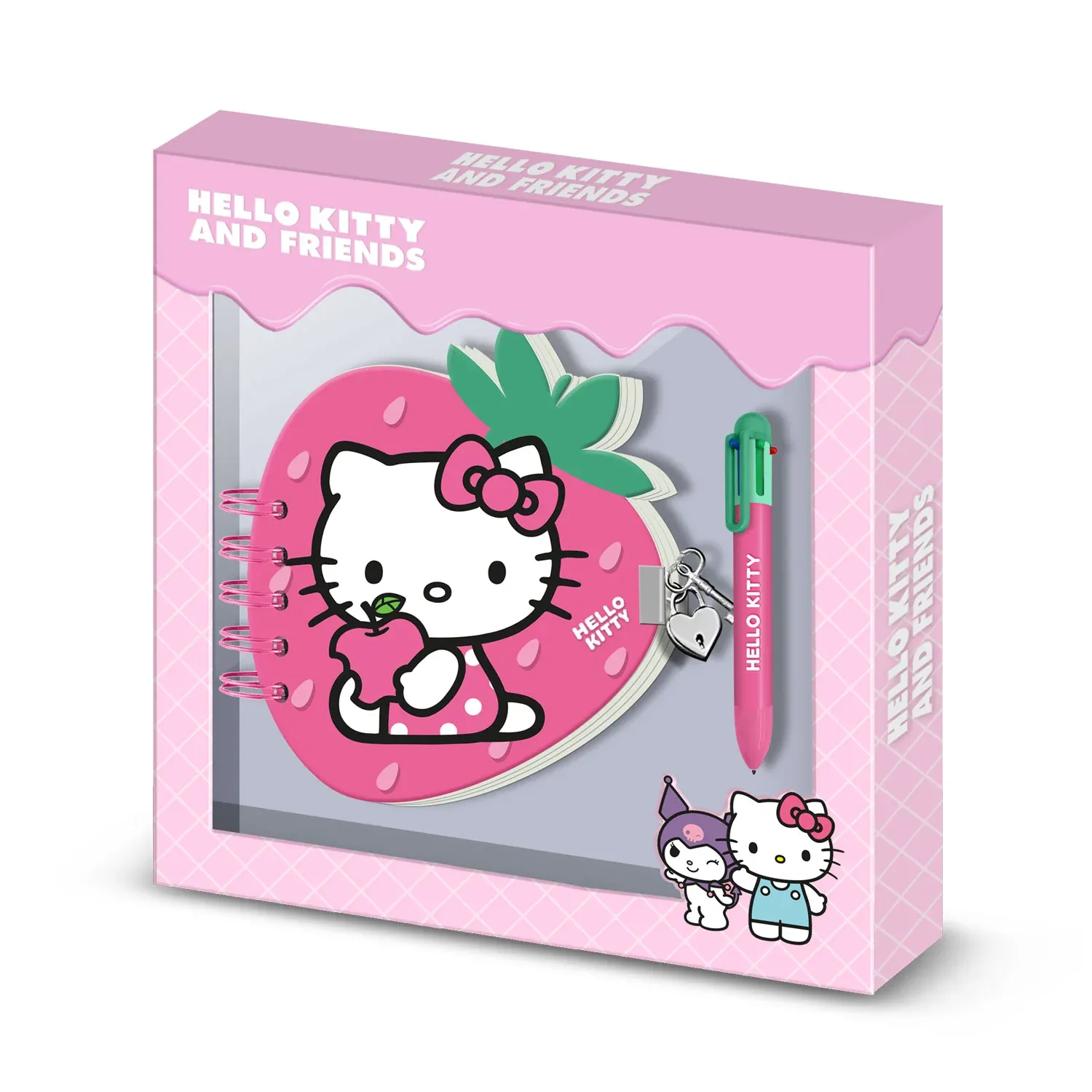 Conjunto Diário Hello Kitty Morango + Caneta de 6 Cores - Rosa