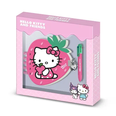 Conjunto Diário Hello Kitty Morango + Caneta de 6 Cores - Rosa