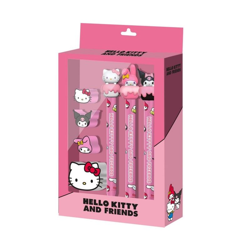 Conjunto de Papelaria Hello Kitty and Friends - 3 Canetas + 4 Borrachas
