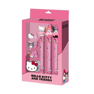Conjunto de Papelaria Hello Kitty and Friends - 3 Canetas + 4 Borrachas