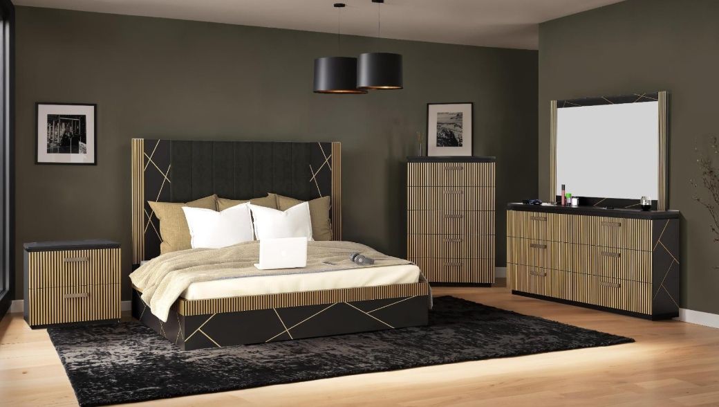 Allure Queen 5 Pc Bedroom Set in Black &amp;amp; Gold