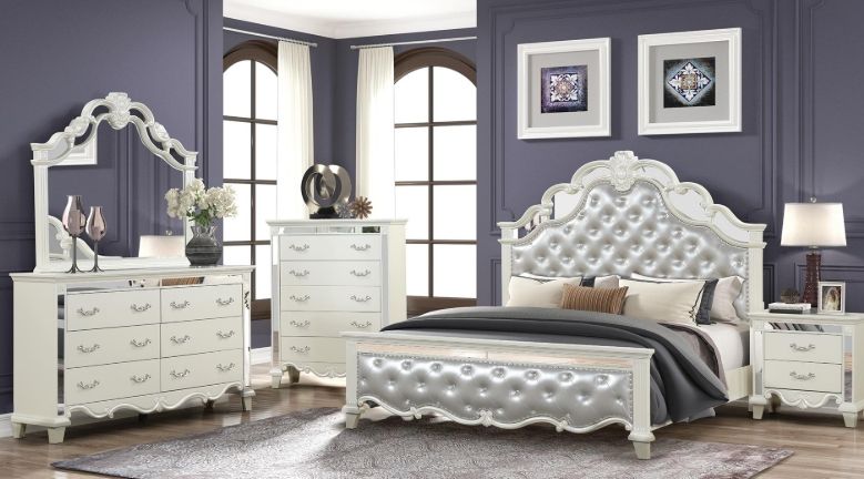 Milan Queen 5 Pc Bedroom Set in Milky White
