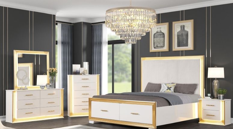 Obsession Queen 5 Pc Bedroom Set in White &amp;amp; Gold