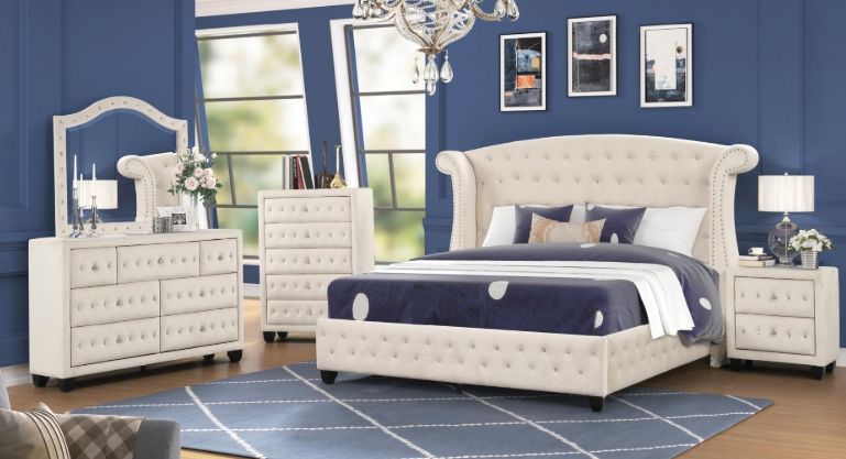 Sophia Queen 5 Pc Bedroom Set in Cream (with dresser)