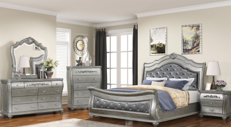Destiny Queen 5 Pc Bedroom Set in Silver