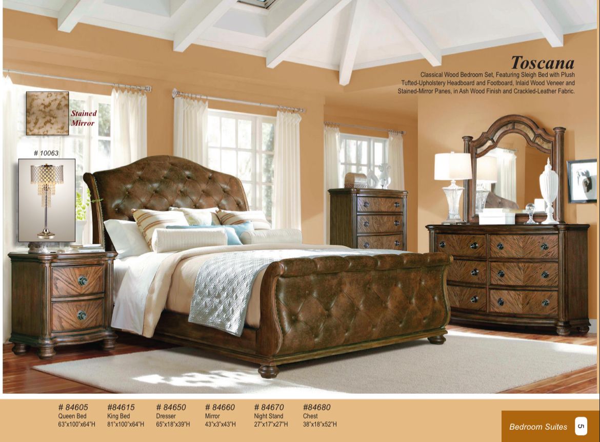 TOSCANA 5 pc set(Queen bed, dresser, mirror, nightstand and chest)