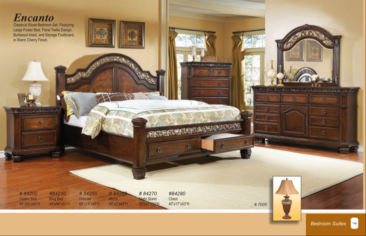 ENCANTO 5 pc set(Queen bed, dresser, mirror, nightstand and chest)