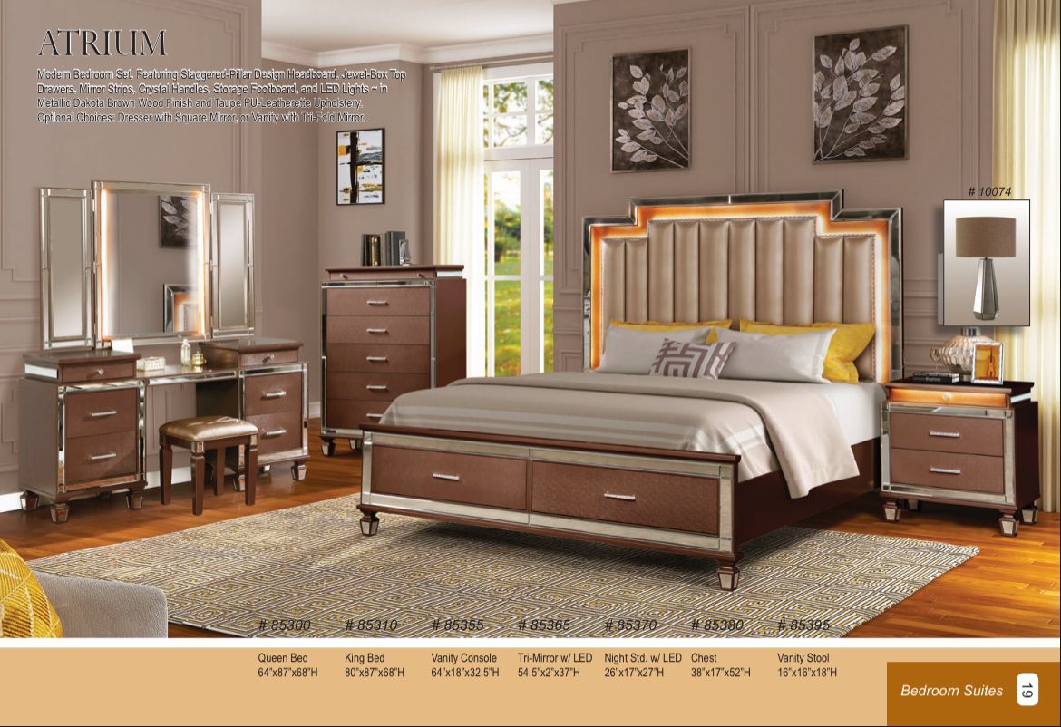 ATRIUM- 5 pc set(Queen bed, vanity console, vanity mirror, nightstand and chest)