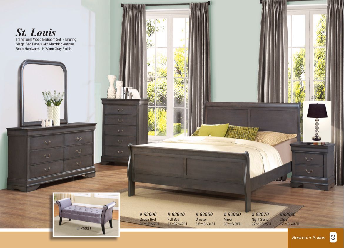ST. LOUIS- 5 pc set (Queen bed, dresser, mirror, nightstand and chest)