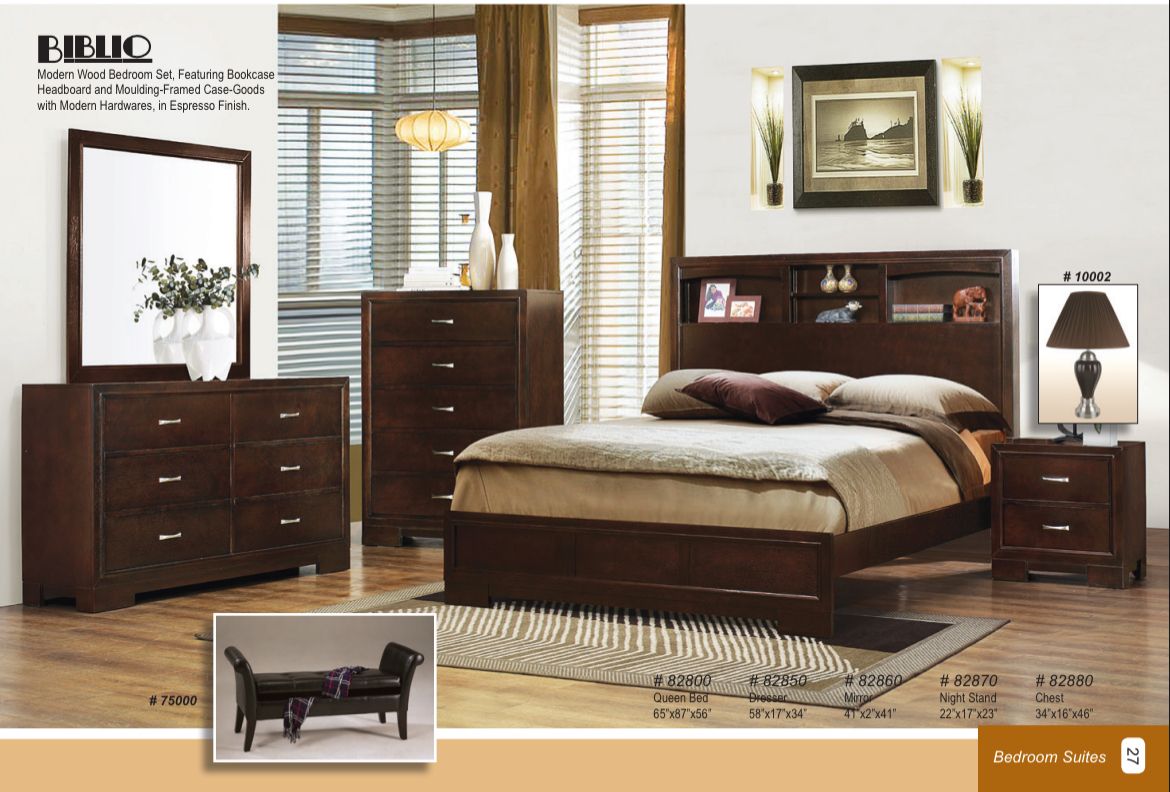 BIBLIO- 5 pc set (Queen bed, dresser, mirror, nightstand and chest)