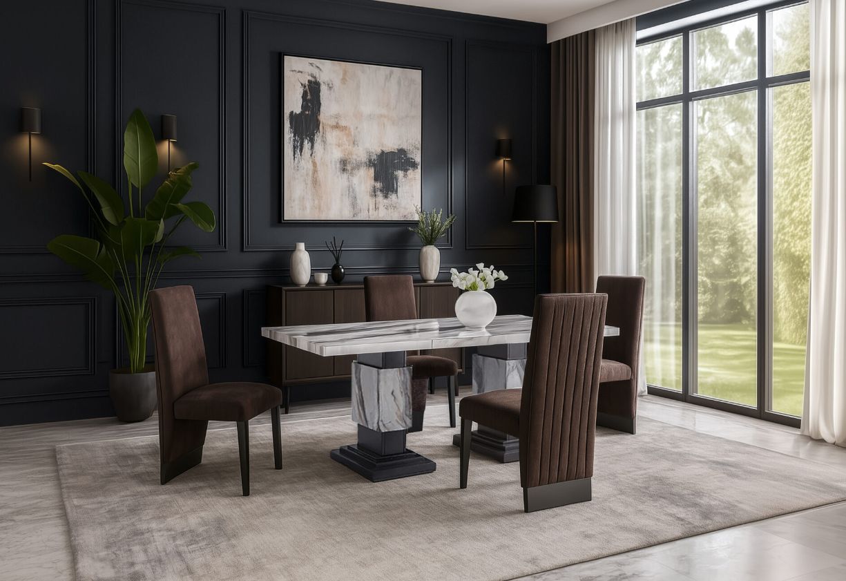 D12 DINING TABLE AND 6 D12 BROWN DINING CHAIRS Login to see prices