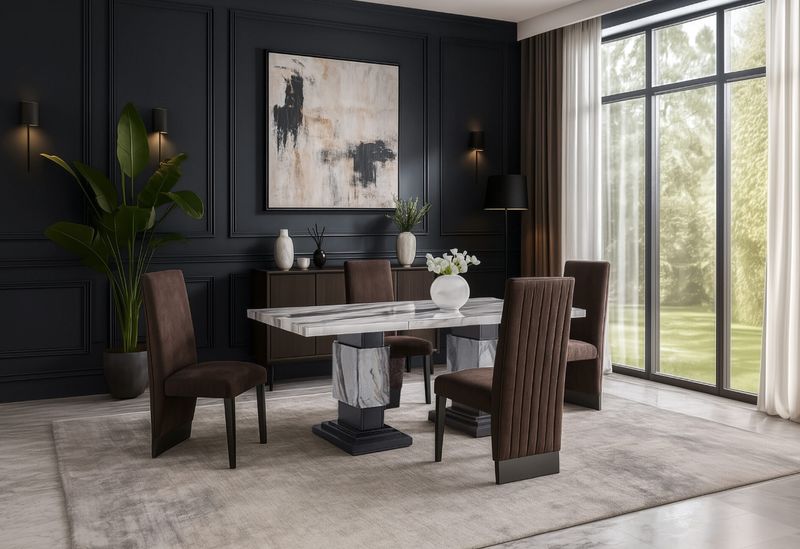 D12 DINING TABLE AND 6 D12 BROWN DINING CHAIRS Login to see prices
