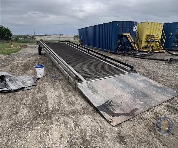 Used Mobile Steel Dock Ramp in Texas, 16K-lb Capacity, 96&quot; Width, 40&#39; Length, Hinged Bottom Apron