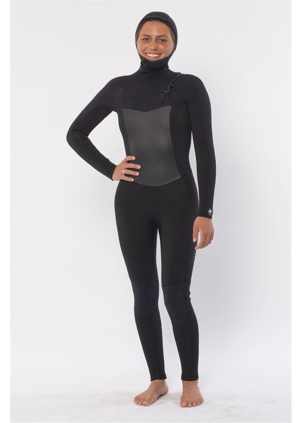 Wmn 5/4 hooded 7 seas fullsuit, Color: black, Size: 10
