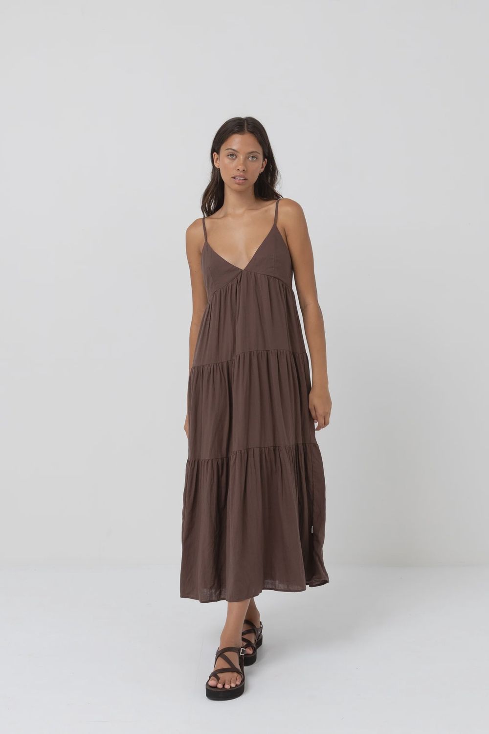 Classic Tiered Midi Dress, Colour: Chocolate, Size: XS