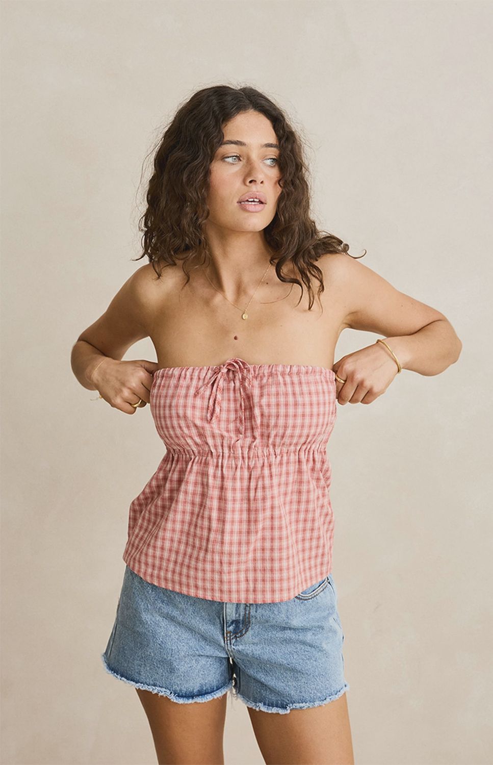 Kirra Check Strapless Top, Colour: PIN, Size: S