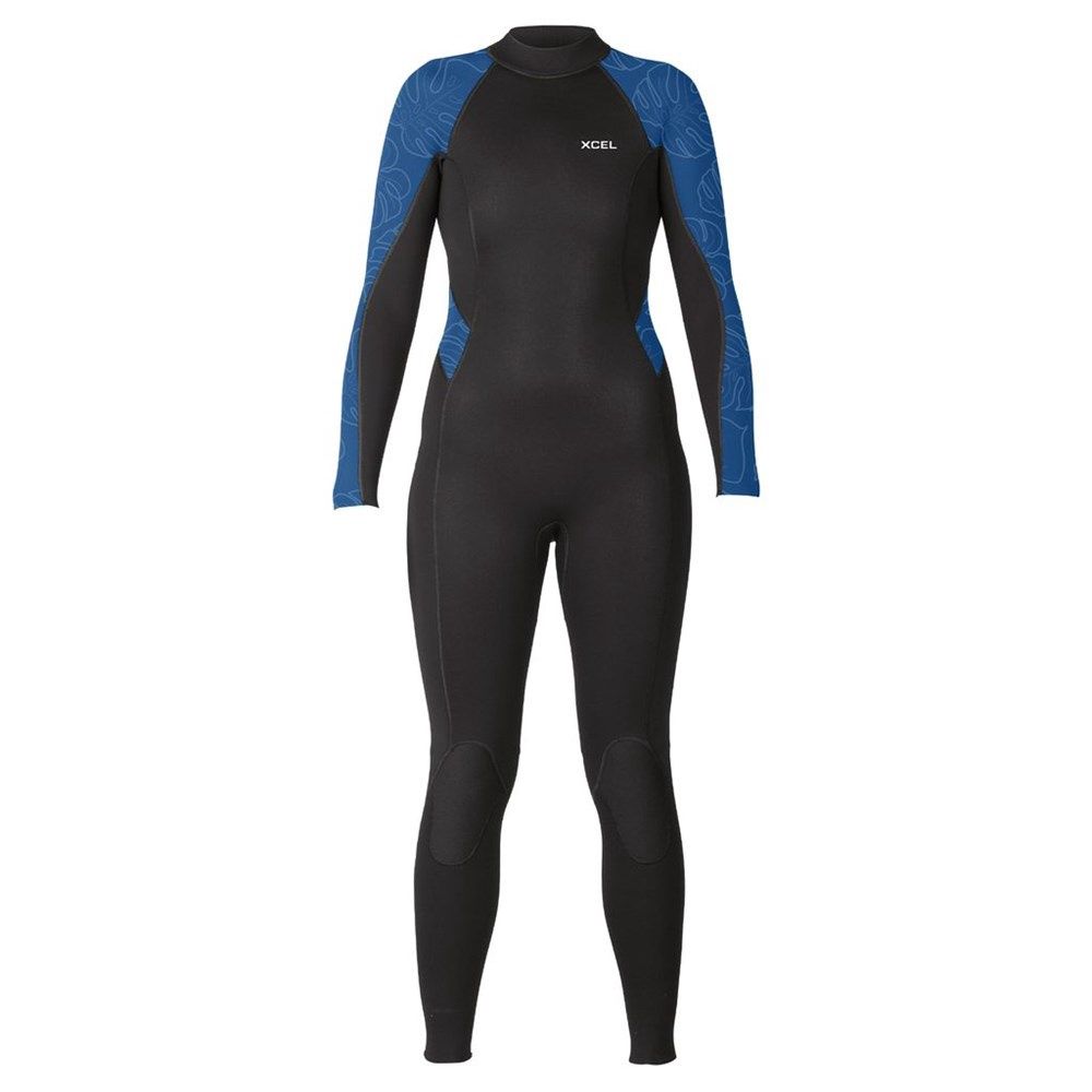 Women's axis flatlock L/S back zip 3/2 fullsuit, Colour: black/sapphire monstera, Size: 4