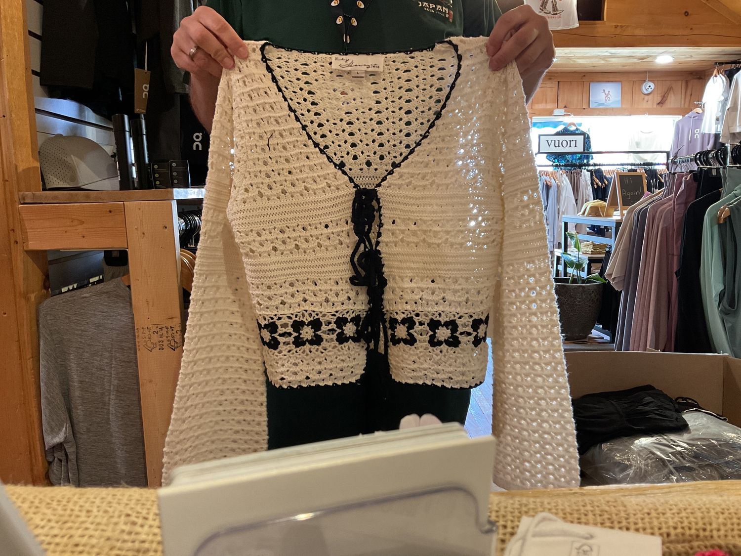 Ivory w/black crochet floral tie front vest, Size: s
