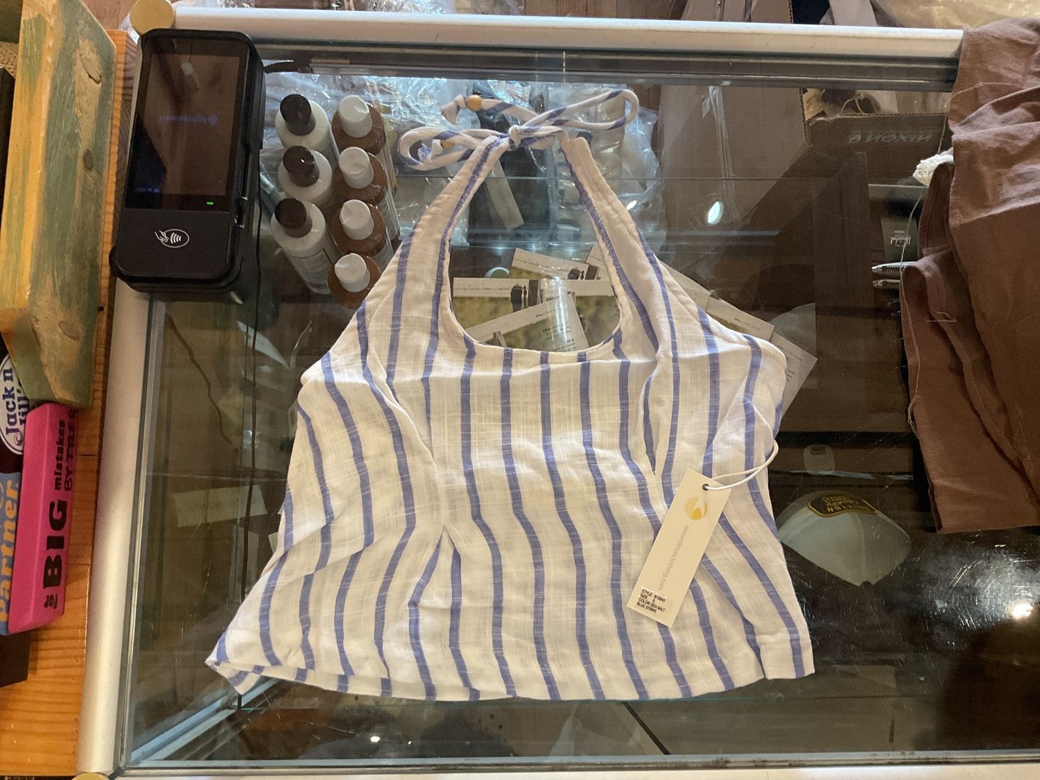 Sea salt blue stripe soft cotton halter top, Size: s