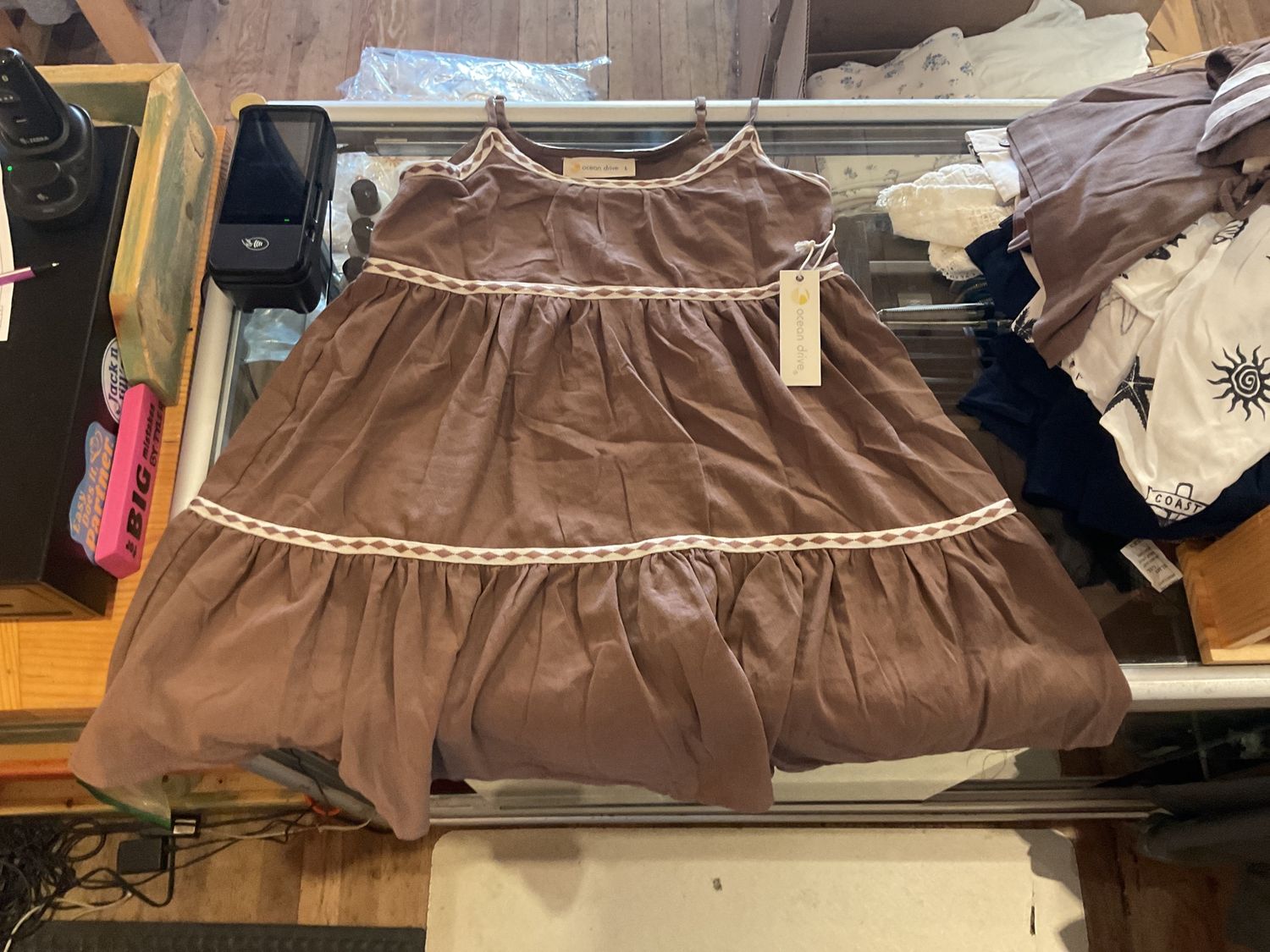 Textured cotton dress w contrast trim, Colour: Mocha w/white, Size: s