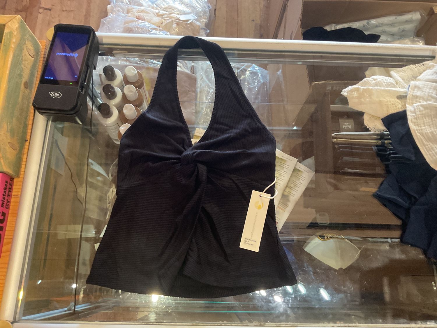 Black rib knit halter top, Colour: black, Size: s