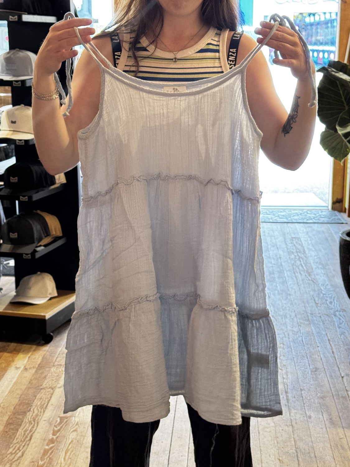 Short Tired Dress In Crinkle Double Gauze With Shoulder Tie Straps, Colour: Baby Blue, Size: S