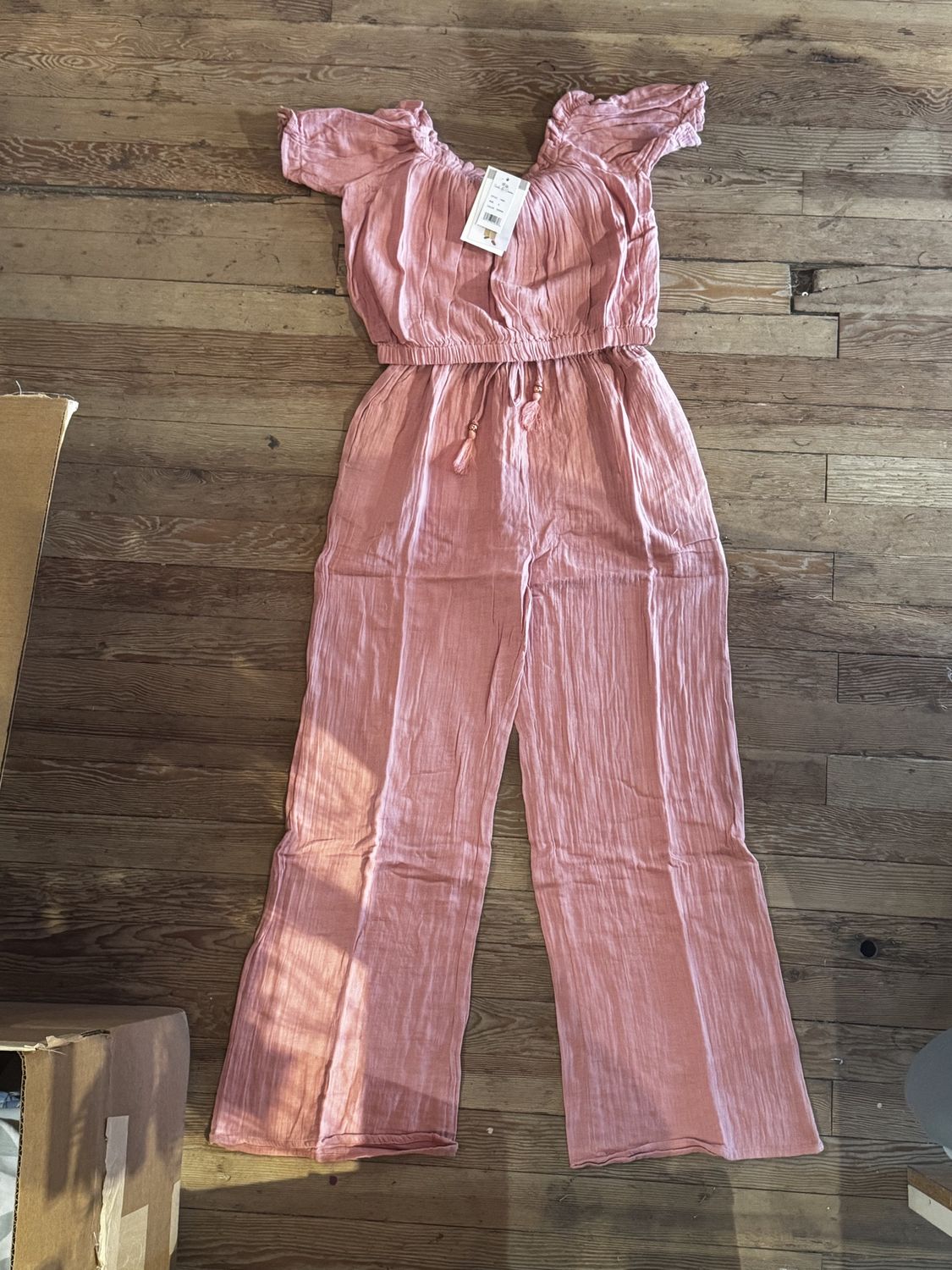Solid Double Gauze Off-The-Shoulder Crop Top And Pant Set, Colour: TERRA, Size: s