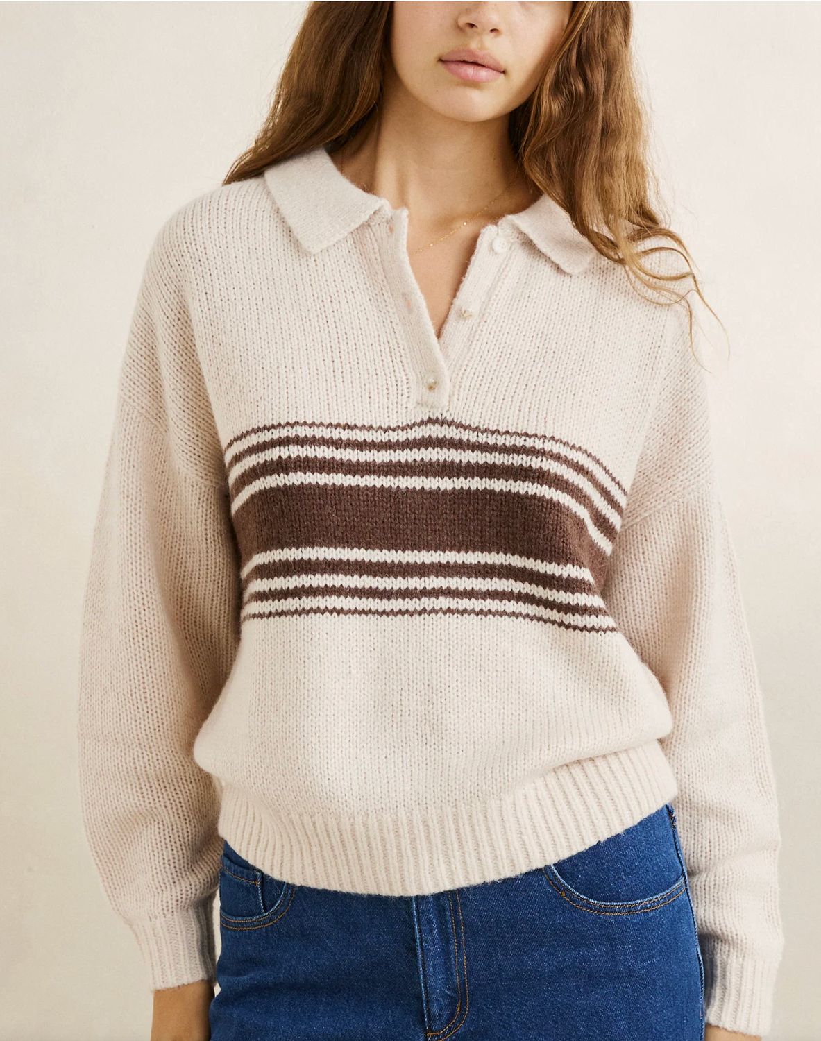 Strata Knit Collared Jumper, Colour: Natural, Size: S