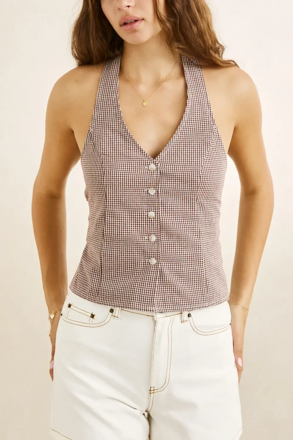 London check halter top, Colour: chocolate, Size: s