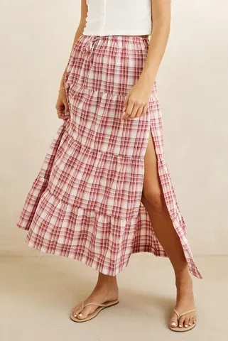 Chelsea Check Tiered Maxi Skirt, Colour: Plum, Size: xs
