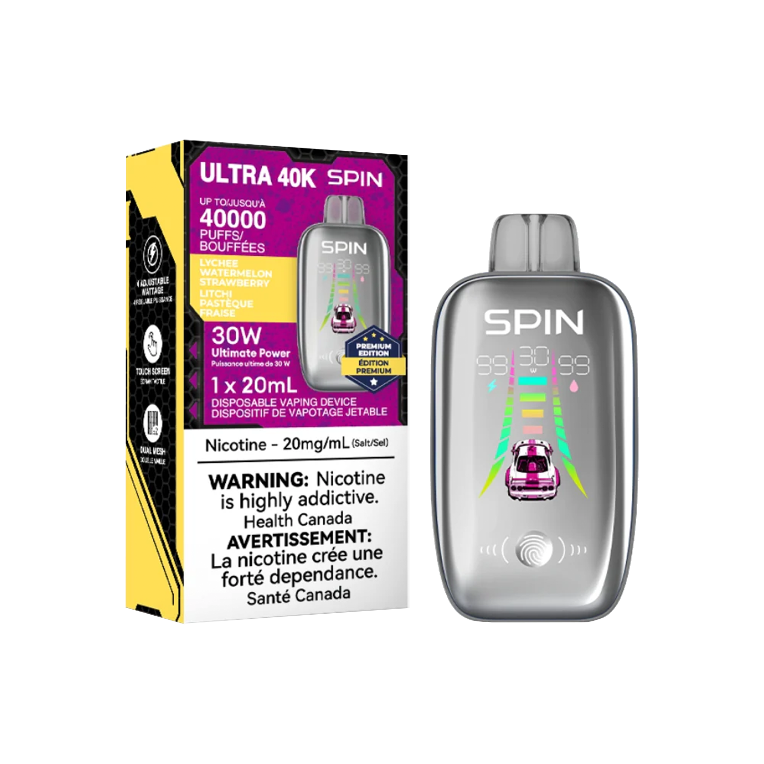 SPIN ULTRA 40K 20MG, FLAVOR: LYCHEE WATERMELON STRAWBERRY