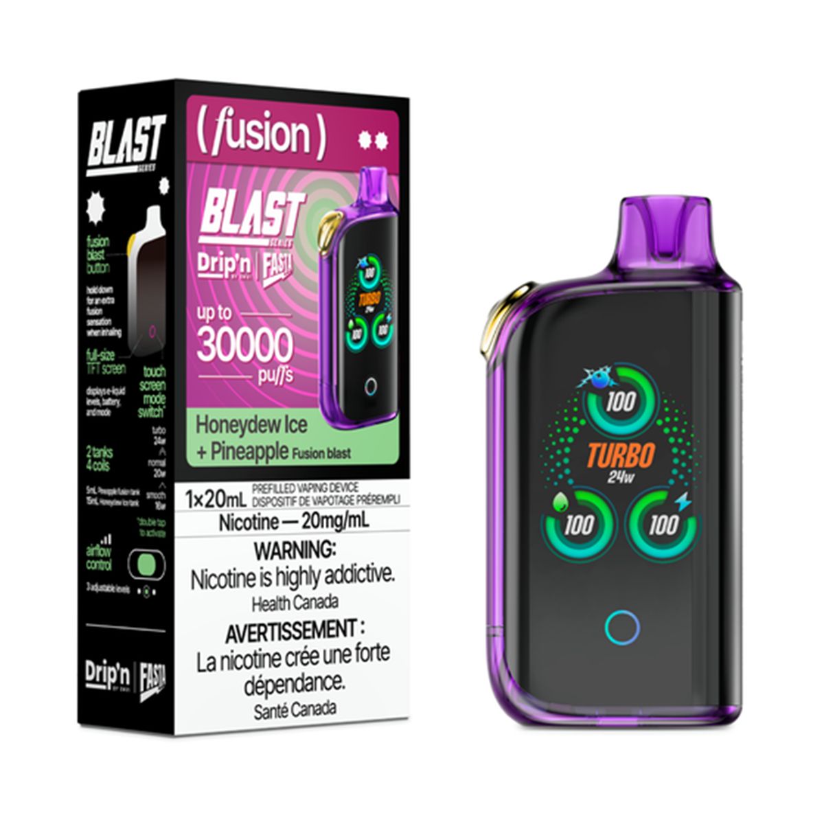 ENVI DRIP&#39;N FASTA BLAST 30K, FLAVOR: FUSION HONEYDEW ICE PINEAPPLE