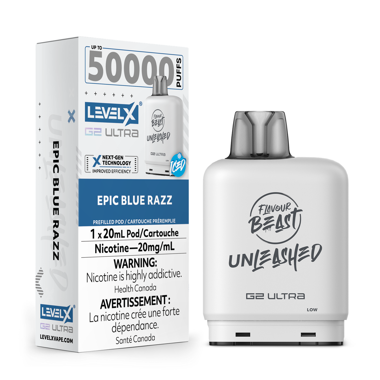 LEVEL X G2 ULTRA UNLEASHED POD 20MG, FLAVOR: EPIC BLUE RAZZ
