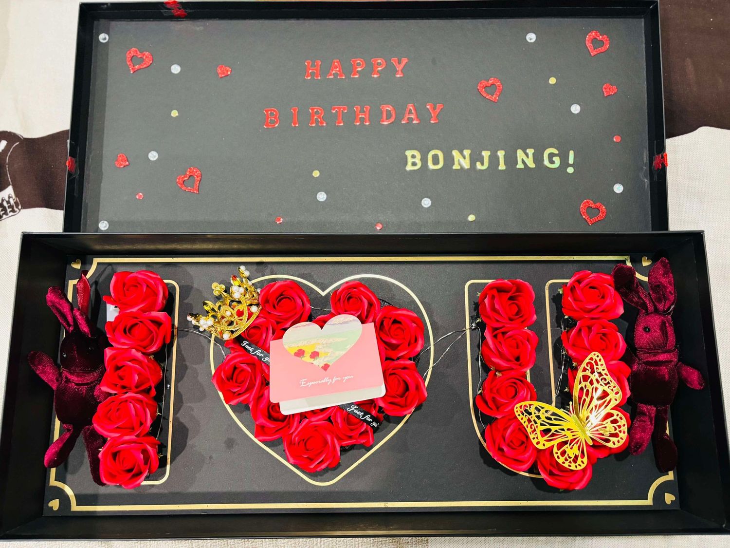 🌟 Customized Luxury Rose Box with LED Lights & 🐰 Plush Rabbits  🎁