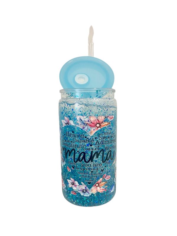 Inspiring Mama  Blue Glitter Snow Globe Tumbler