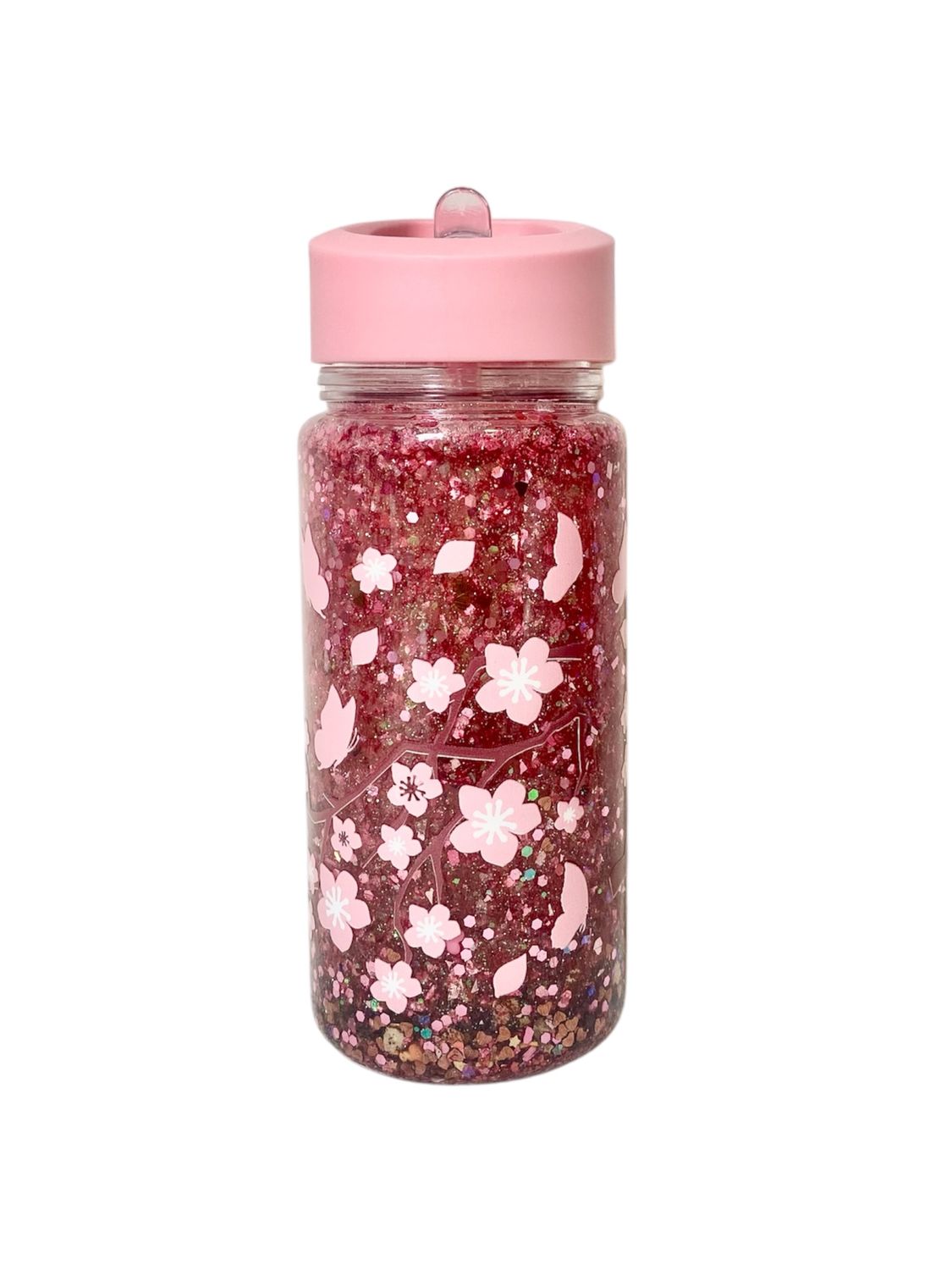 Pink Glitter Butterfly &amp; Flower Sippy Straw Bottle