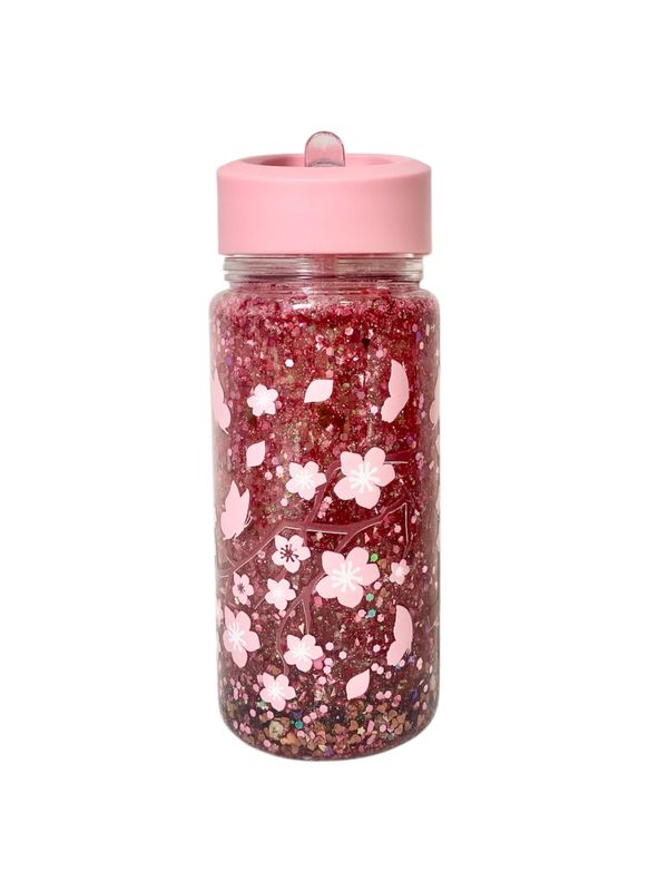 Pink Glitter Butterfly &amp; Flower Sippy Straw Bottle